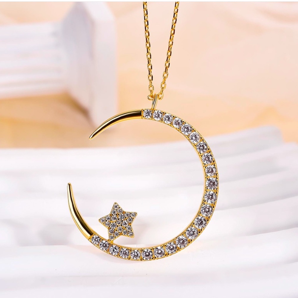 Crescent Moon and Star Necklace, Cubic Zirconia Star and Moon Necklace